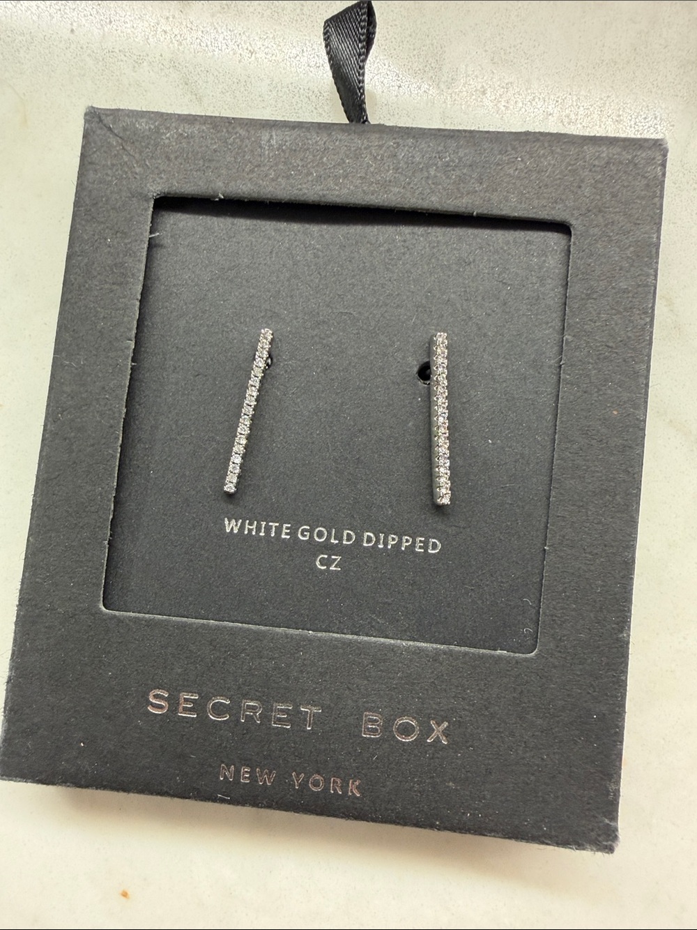 NIB White Gold Dipped CZ Bar Stud Earrings - Silver Tone